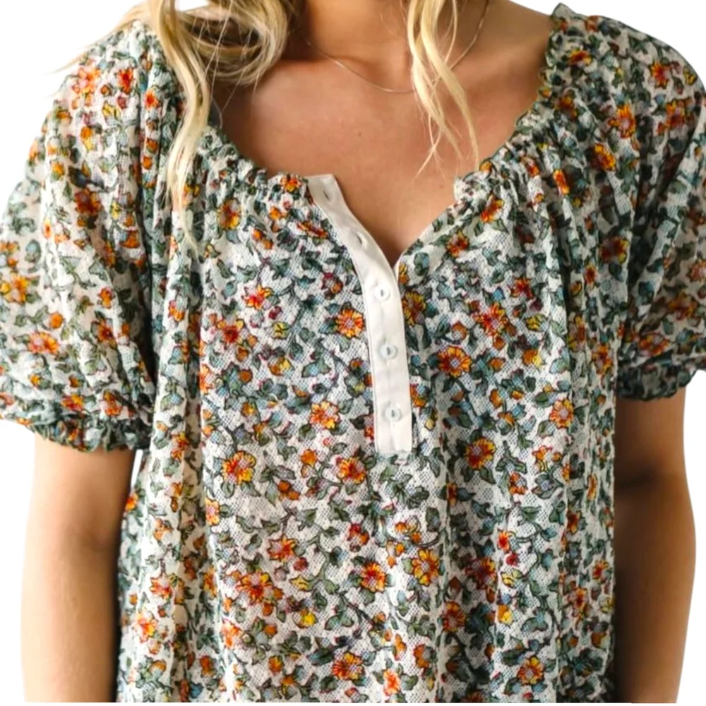 Women’s Floral Peasant Top - Cream with Orange & Green